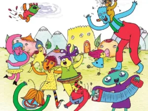 Ilustración colorida de personajes fantásticos bailando y tocando música en un pueblo con casas redondeadas y montañas al fondo.