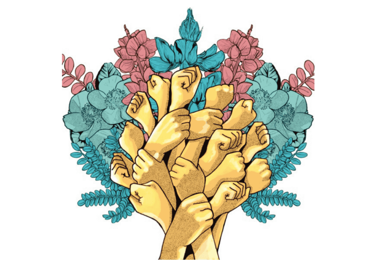 Ilustración de varias manos levantadas en puño, rodeadas de flores con hojas en tonos azul, rosa y verde.