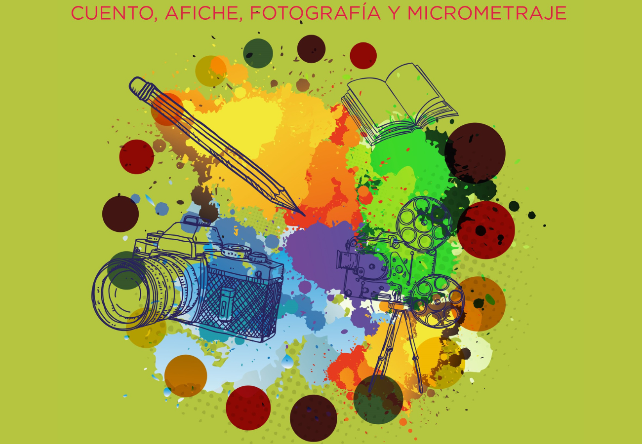 Collage de arte con cámara, lápiz, libro y proyector, acompañados de manchas de colores y texto "Cuento, Afiche, Fotografía y Micrometraje".