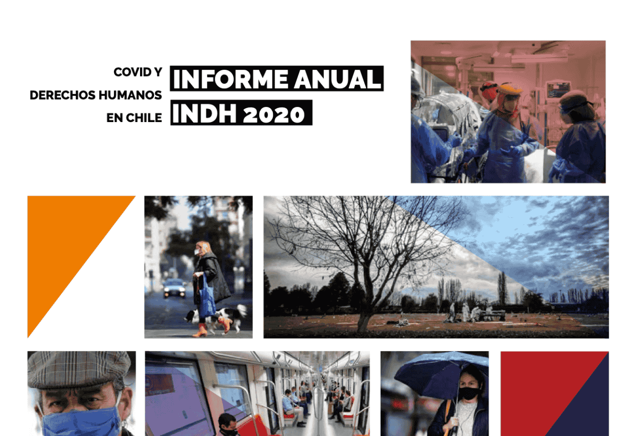 Portada del informe anual INDH 2020 sobre COVID y derechos humanos en Chile, con imágenes de personal médico, una mujer paseando a su perro, un cementerio, personas en el metro y una mujer con paraguas.