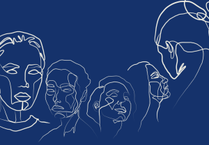 Ilustración de rostros dibujados con líneas blancas sobre fondo azul oscuro.