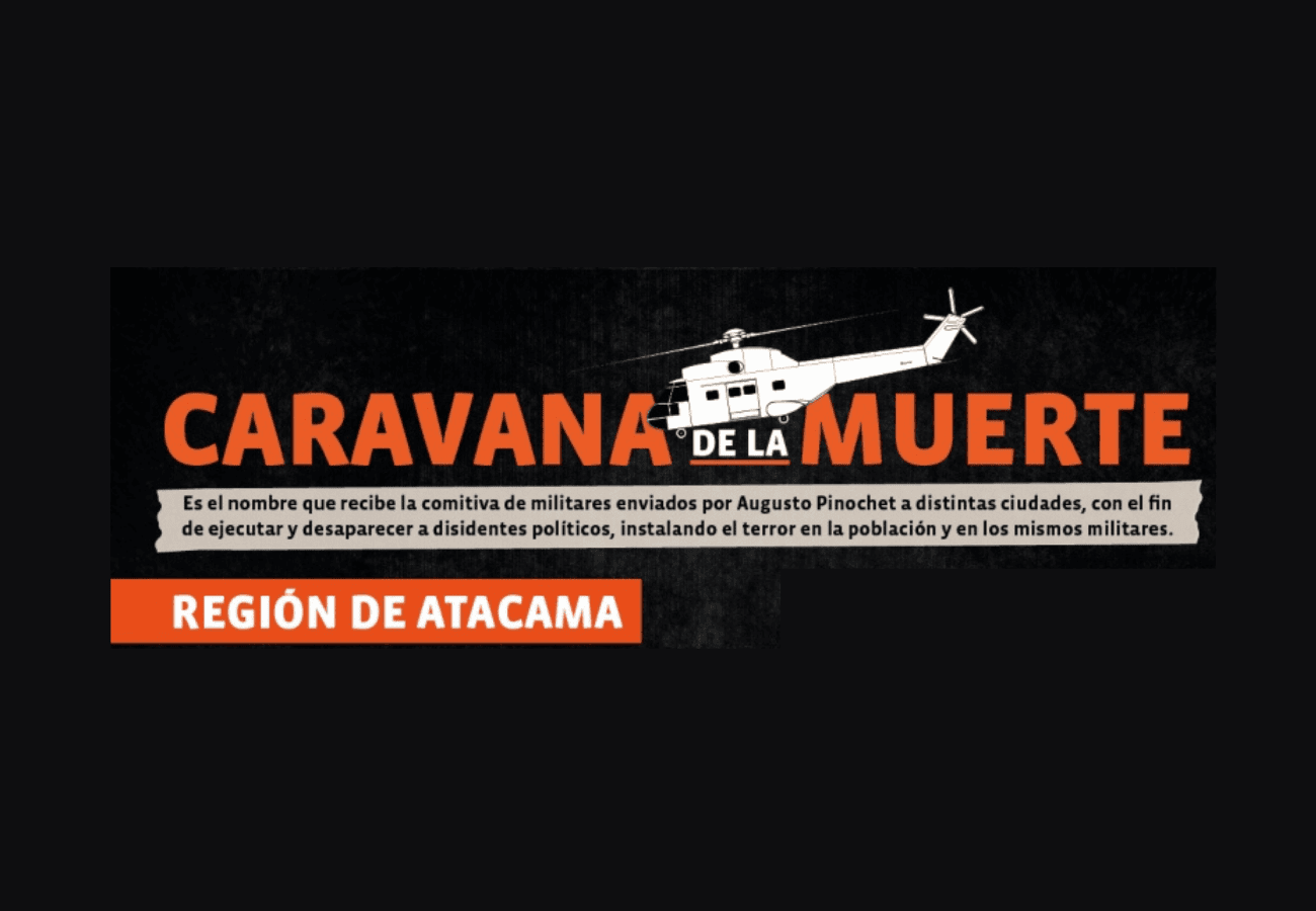 "Caravana de la Muerte" con texto explicativo y dibujo de un helicóptero; menciona a la Región de Atacama.