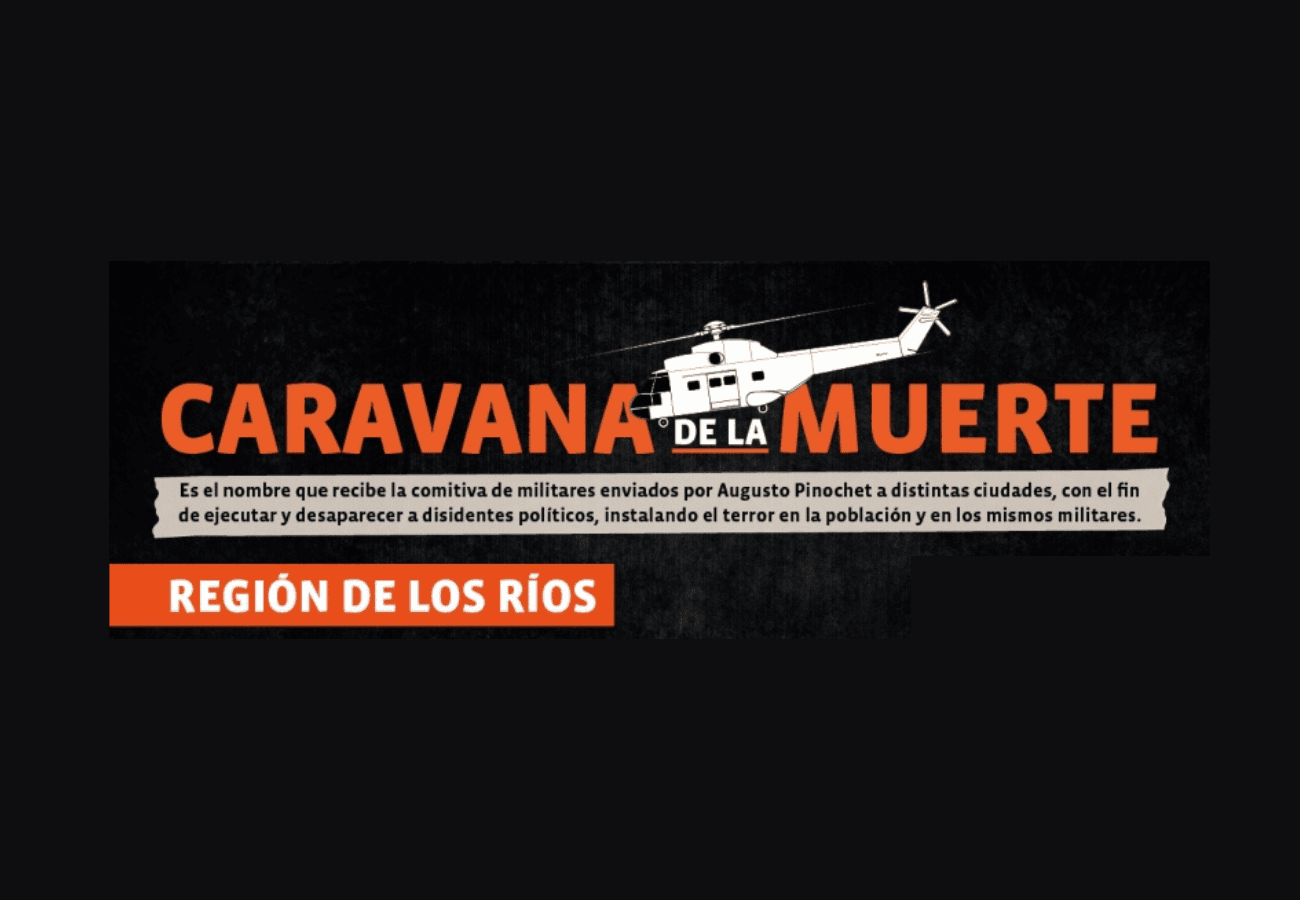 "Caravana de la Muerte" con un helicóptero y texto sobre la represión en la Región de Los Ríos.