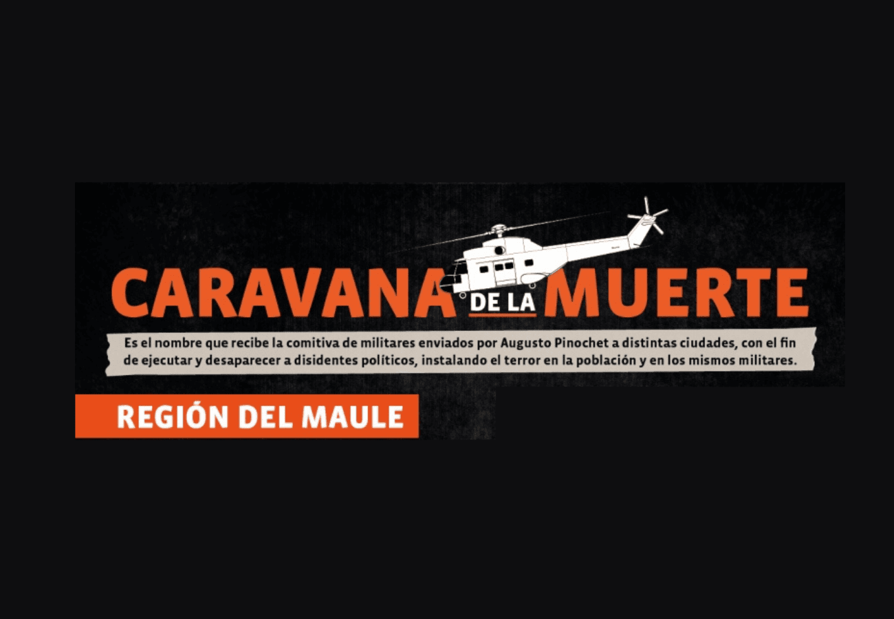 Banner negro con el texto "Caravana de la Muerte" en letras naranjas y blancas, junto a una imagen de un helicóptero y la leyenda "Región del Maule" en una caja naranja.
