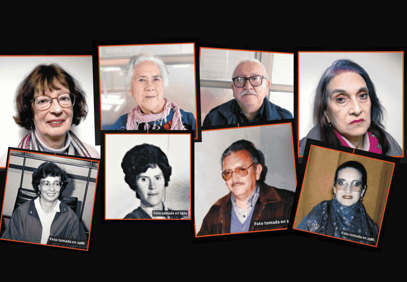Collage de retratos de personas mayores en color y en blanco y negro, algunas imágenes tienen texto indicando la fecha de captura.