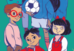 Ilustración de cuatro niños sonriendo, uno con gafas rojas, otro sosteniendo un balón de fútbol, otro con pelo negro y chaqueta roja, y una niña con diadema de orejas rojas.