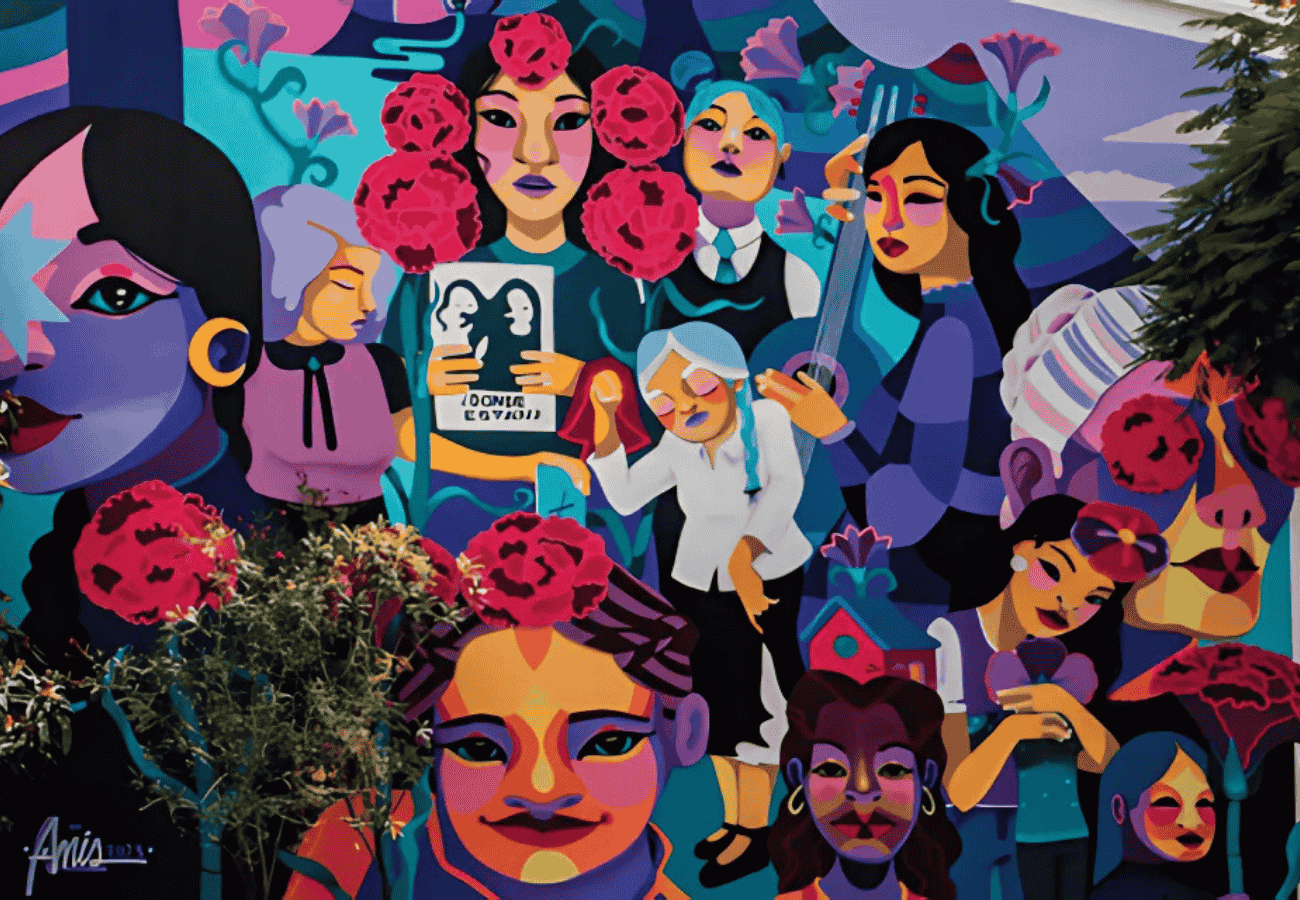 Un vibrante mural muestra a mujeres diversas ataviadas con ropas coloridas y rodeadas de elementos florales. Algunas sostienen libros, mientras que otras realizan diversas actividades, todo ello sobre un fondo abstracto y animado. Un árbol oculta parcialmente el cautivador diseño del mural.