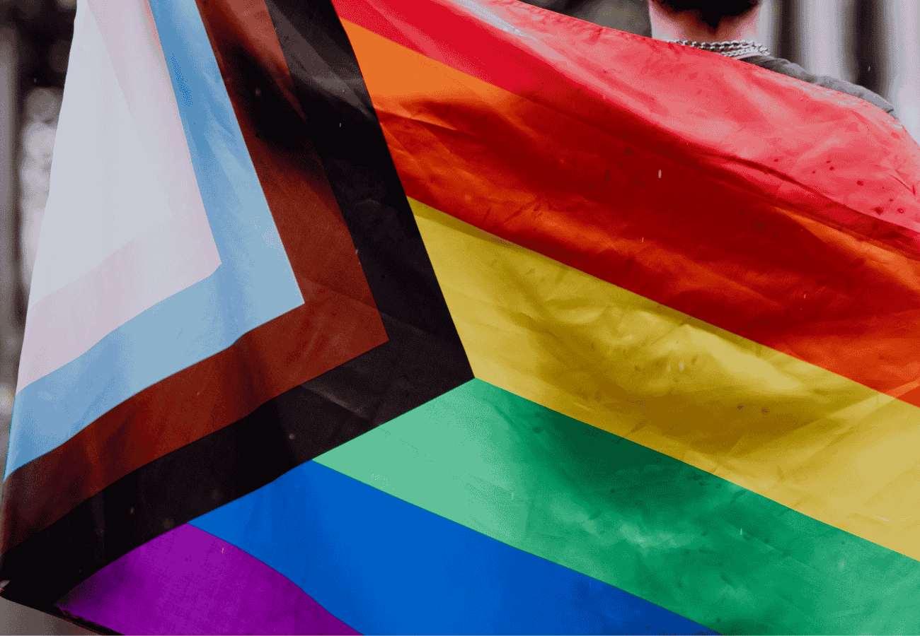 Persona sosteniendo una bandera del orgullo LGBTQ+ con diseño inclusivo.