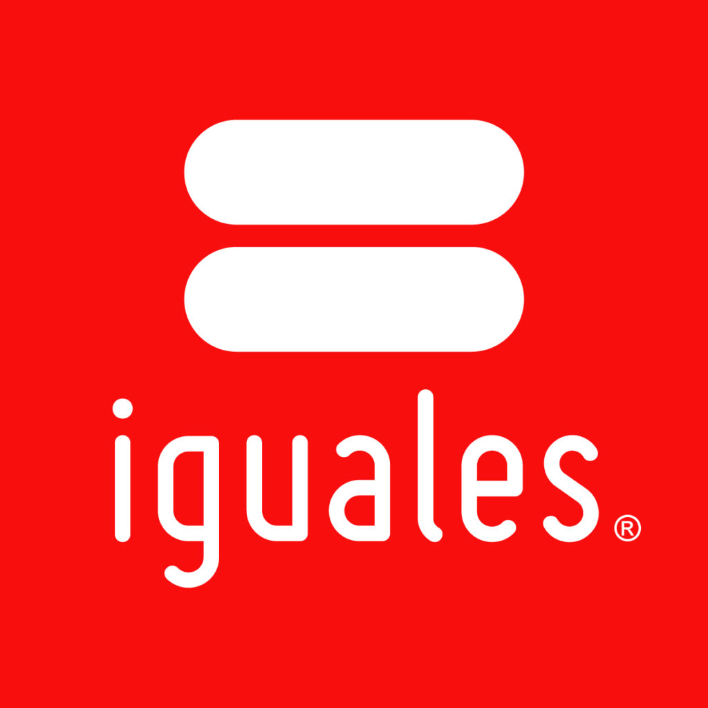 Logotipo en fondo rojo con un símbolo de igualdad en blanco sobre la palabra 'iguales'.