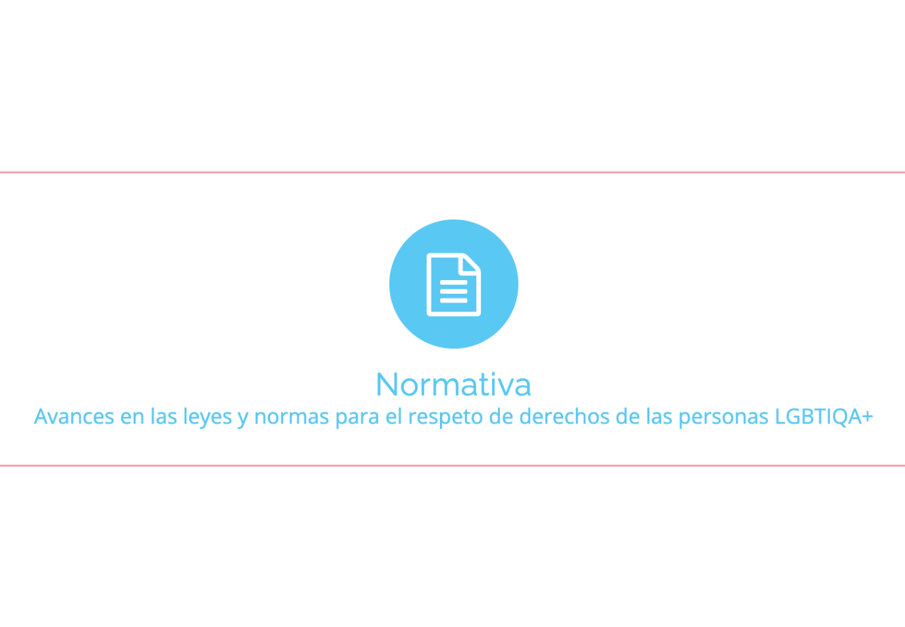 Icono de documento azul con el texto "Normativa: Avances en las leyes y normas para el respeto de derechos de las personas LGBTIQA+".