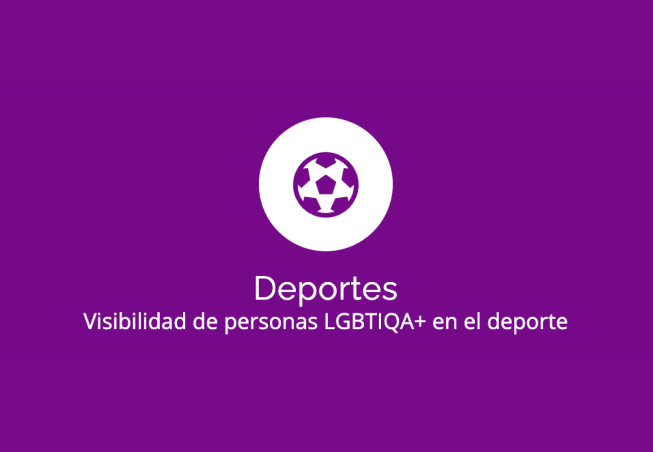 Deportes: Visibilidad de personas LGBTIQA+ en el deporte, fondo morado con un balón de fútbol en el centro.