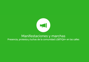Icono de megáfono blanco sobre fondo verde con el texto "Manifestaciones y marchas. Presencia, protesta y luchas de la comunidad LGBTIQA+ en las calles".