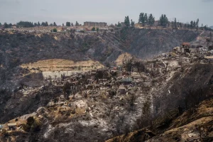 Vista de un paisaje devastado por un incendio en una zona residencial, con casas destruidas y colinas quemadas.