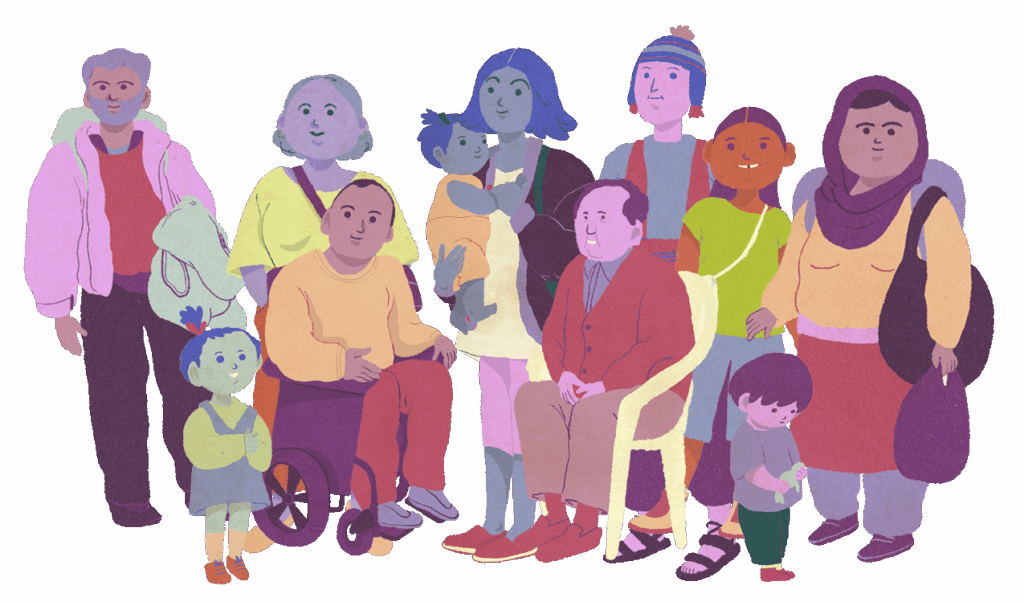 Ilustración de un grupo diverso de personas de pie y sentadas, incluyendo adultos, niños, una persona en silla de ruedas y otra con un gorro colorido. Todos parecen sonreír en una composición colorida y amigable.