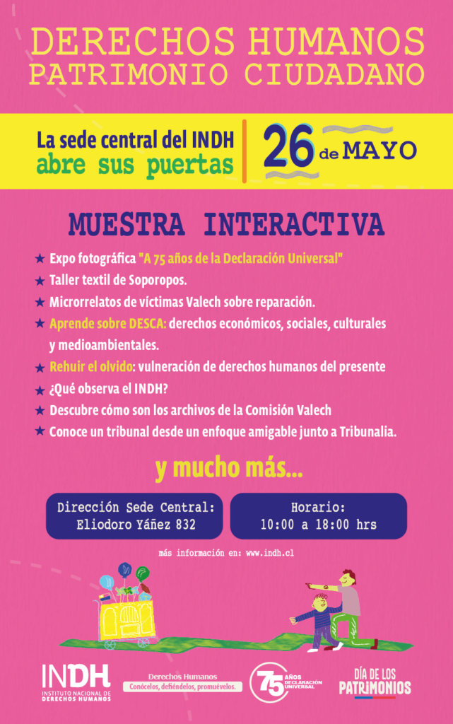 Cartel sobre una muestra interactiva del INDH el 26 de mayo por el Día de los Patrimonios, destacando derechos humanos y actividades como exposiciones, talleres y charlas.