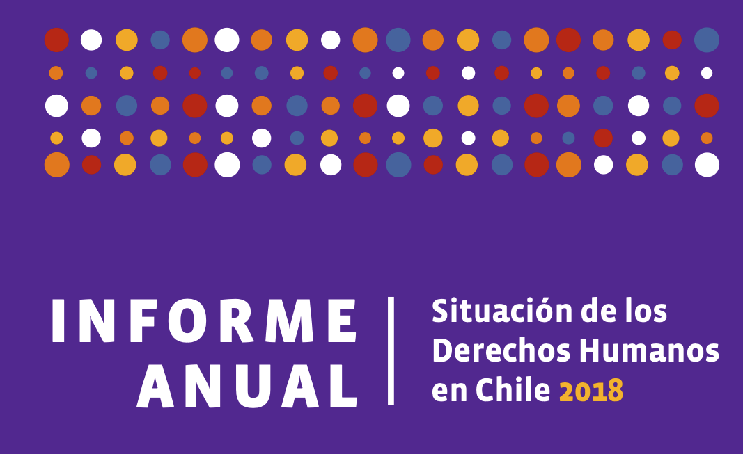 Portada del "Informe Anual: Situación de los Derechos Humanos en Chile 2018" con fondo morado y patrones de puntos de colores.
