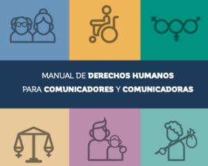 Manual de derechos humanos para comunicadores y comunicadoras con iconos de diversidad social en colores variados.