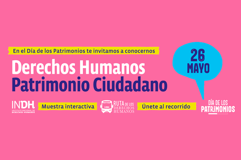 Imagen promocional del Día de los Patrimonios con el texto: "Derechos Humanos, Patrimonio Ciudadano" y fecha "26 mayo". Incluye invitaciones a una "Muestra interactiva" y a un recorrido "Ruta de los Derechos Humanos".