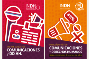 Manuales portátiles de comunicaciones y derechos humanos del INDH, con micrófono, altavoz e iconos sobre fondo rojo y naranja.