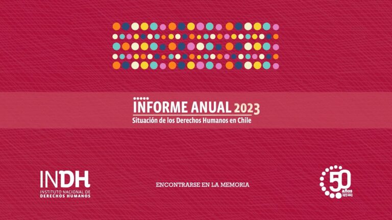 Portada del Informe Anual 2023 sobre la situación de los derechos humanos en Chile, con logotipo del INDH y un diseño de círculos de colores.