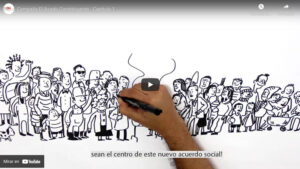 Dibujo en blanco y negro de un grupo diverso de personas, con una mano dibujando en el centro. Texto en la parte inferior que dice "sean el centro de este nuevo acuerdo social".
