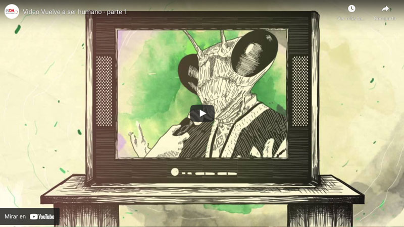 Ilustración de una televisión en la que aparece un insecto antropomórfico vestido con ropa humana.