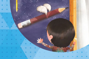 Niño mirando un lápiz con alas flotando en el aire junto a una pared.