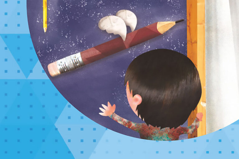 Niño mirando un lápiz con alas flotando en el aire junto a una pared.