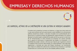 Portada de un documento titulado "Empresas y Derechos Humanos", con un diseño en rojo y beige, incluye un texto introductorio sobre el papel de las empresas en la construcción de una cultura de derechos humanos.
