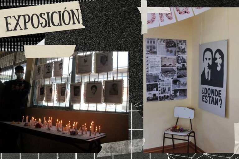 Exposición con fotos de personas desaparecidas, velas encendidas sobre una mesa y carteles con la pregunta "¿Dónde están?".