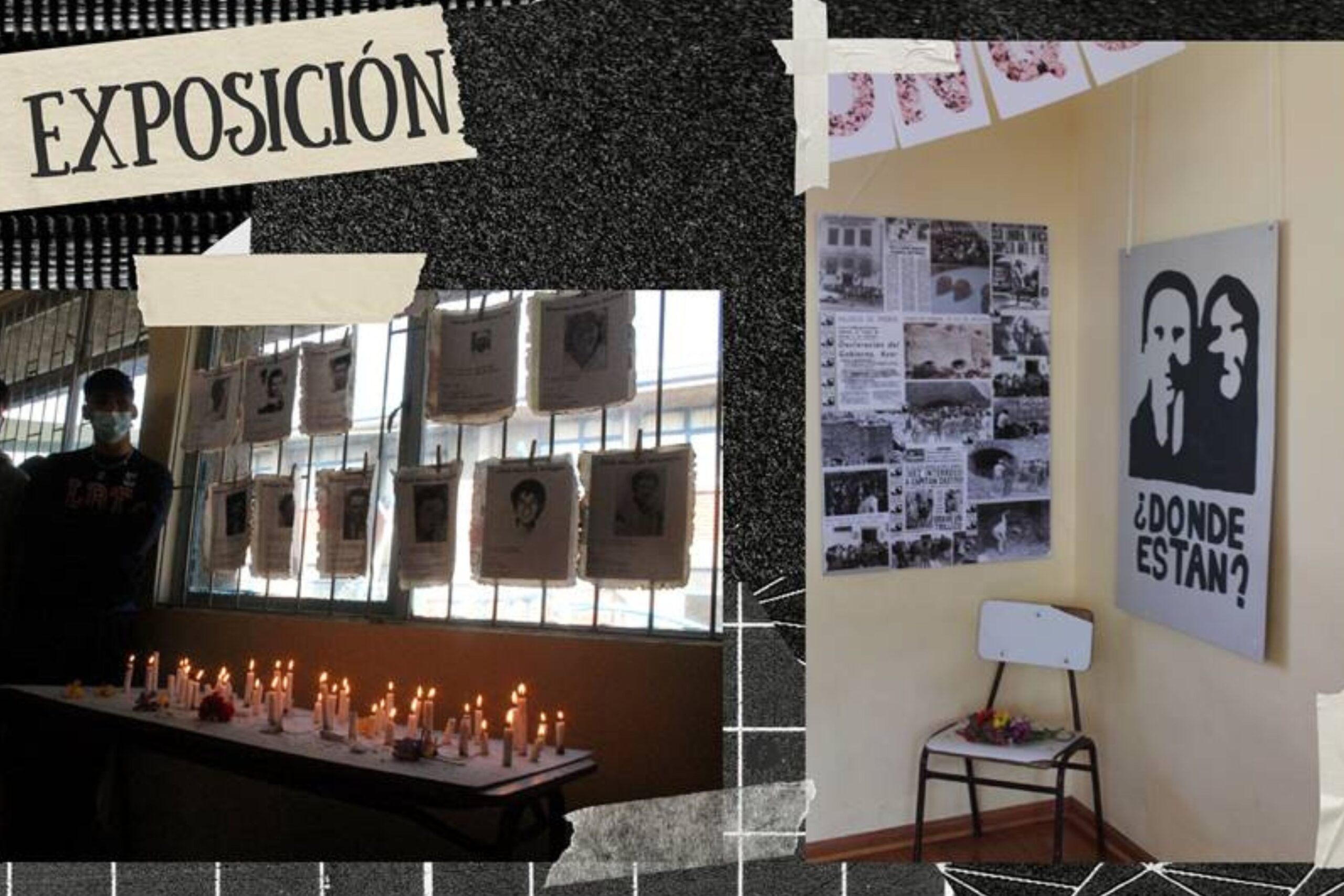 Exposición con fotos de personas desaparecidas, velas encendidas sobre una mesa y carteles con la pregunta "¿Dónde están?".