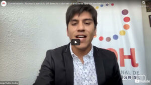 Una persona hablando en un seminario web con el título "Conversatorio: Acceso al ejercicio del derecho a vivir en un ambiente libre sin contaminación". Fondo con logotipo de INDH.