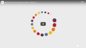 Imagen de título de video de YouTube: "Seminario Derechos Humanos, Género y Migrantes". Icono de reproducción y círculos de colores en formación circular.