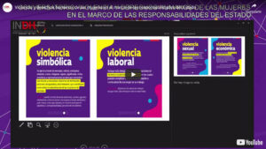 Presentación sobre violencia simbólica y laboral con texto destacado en amarillo, parte de un video titulado "violencia y derechos humanos de las mujeres en el marco de las responsabilidades del Estado" del Instituto Nacional de Derechos Humanos.
