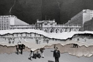 Collage en blanco y negro de un edificio clásico con fachada histórica y moderno a los lados, con elementos de papel rasgado y personas en el primer plano.