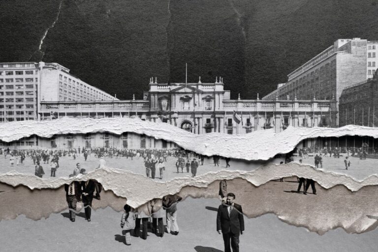 Collage en blanco y negro de un edificio clásico con fachada histórica y moderno a los lados, con elementos de papel rasgado y personas en el primer plano.