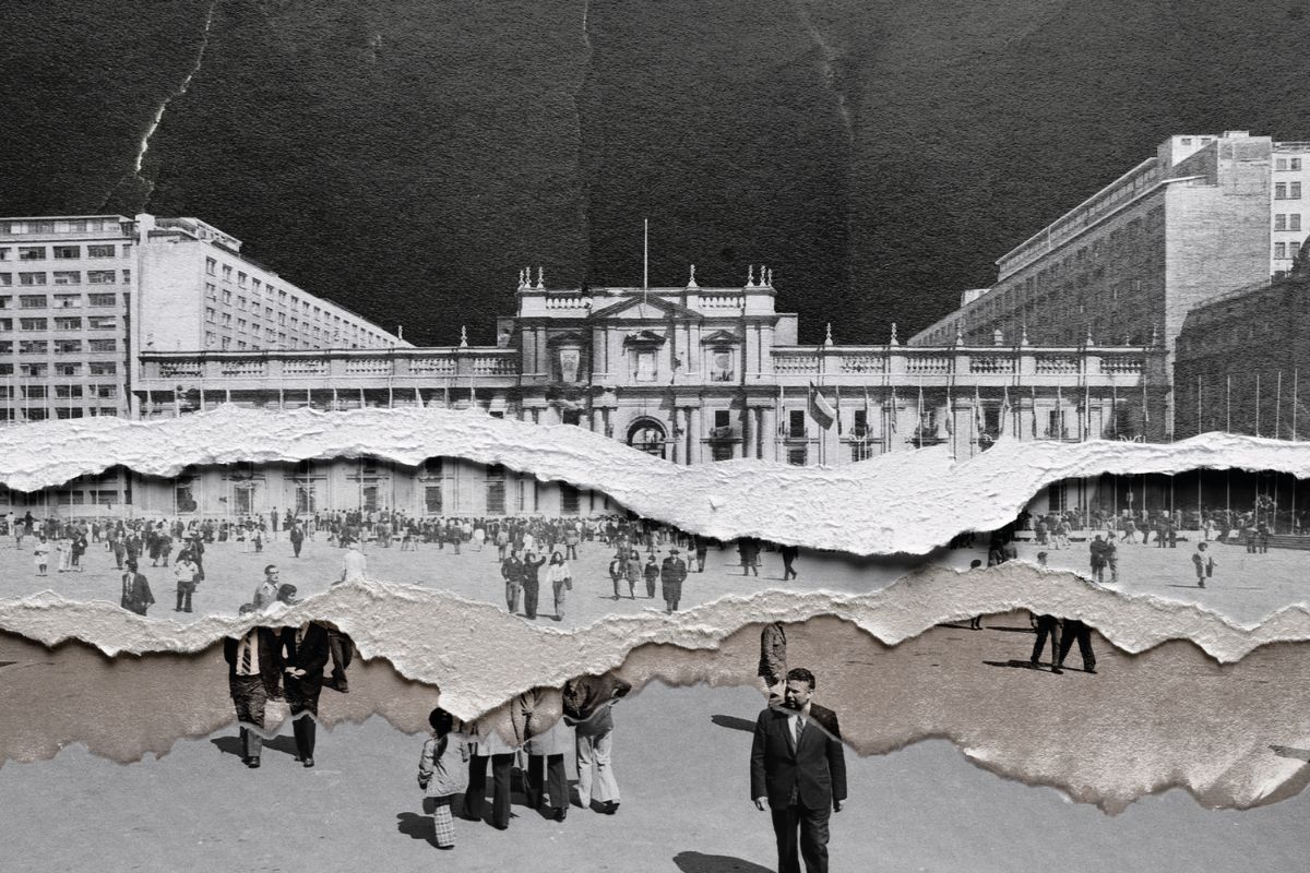 Collage en blanco y negro de un edificio clásico con fachada histórica y moderno a los lados, con elementos de papel rasgado y personas en el primer plano.