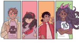 Cuatro personajes de estilo de cómic, cada uno en un panel separado: persona con gafas y chaqueta, persona con lazo rojo en el cabello, persona con chaqueta roja guiñando, y persona con cabello suelto y pañuelo rosa.