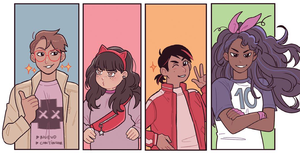 Cuatro personajes de estilo de cómic, cada uno en un panel separado: persona con gafas y chaqueta, persona con lazo rojo en el cabello, persona con chaqueta roja guiñando, y persona con cabello suelto y pañuelo rosa.