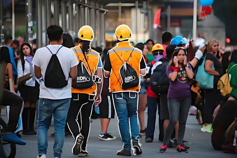 Grupo de personas caminando por la calle, dos de ellos con cascos amarillos y chalecos naranjas. Alrededor, más personas conversan y caminan.