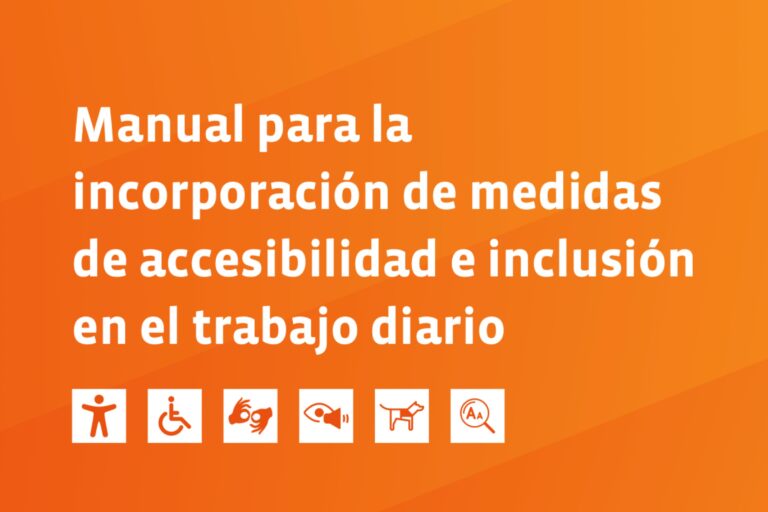 Manual para la incorporación de medidas de accesibilidad e inclusión en el trabajo diario, fondo naranja con íconos relacionados.