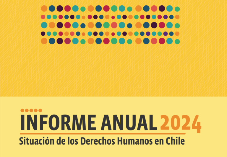 Informe Anual 2024: Situación de los Derechos Humanos en Chile, diseño con puntos de colores sobre fondo amarillo.