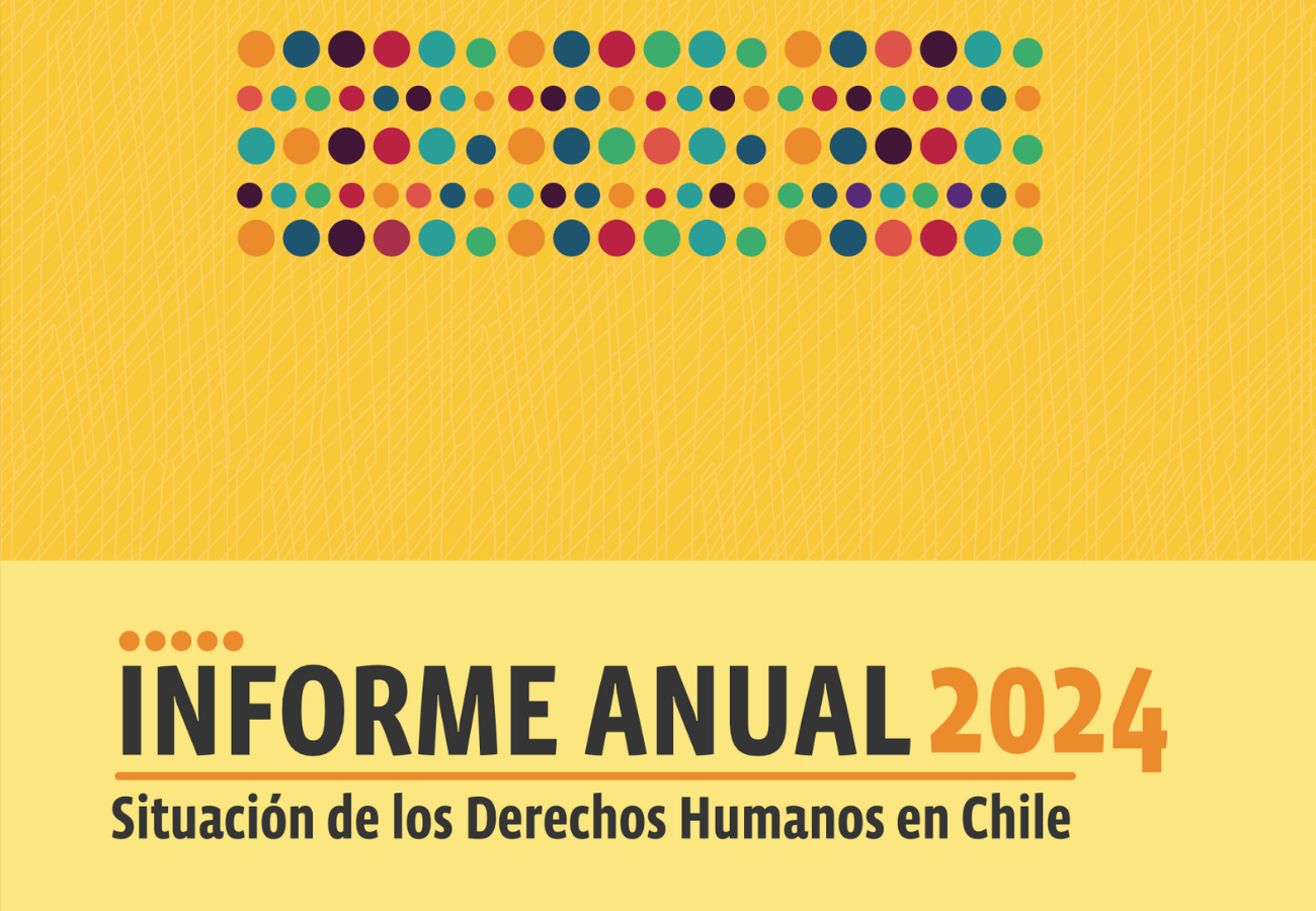 Informe Anual 2024: Situación de los Derechos Humanos en Chile, diseño con puntos de colores sobre fondo amarillo.