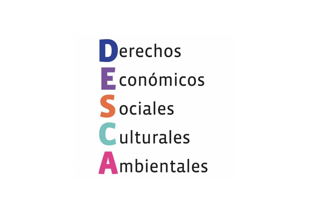 "Derechos Económicos Sociales Culturales Ambientales" con las iniciales en colores diferentes.