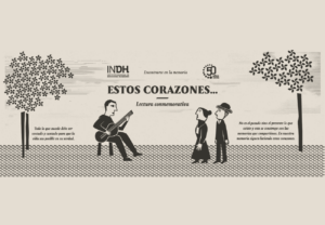 Gráfico con una ilustración de personas junto a un texto sobre una lectura conmemorativa titulada "Estos Corazones". El fondo tiene patrones de hojas y árboles, y se mencionan el Instituto Nacional de Derechos Humanos y el 50 aniversario de 1973.