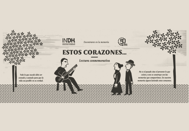 Gráfico con una ilustración de personas junto a un texto sobre una lectura conmemorativa titulada "Estos Corazones". El fondo tiene patrones de hojas y árboles, y se mencionan el Instituto Nacional de Derechos Humanos y el 50 aniversario de 1973.