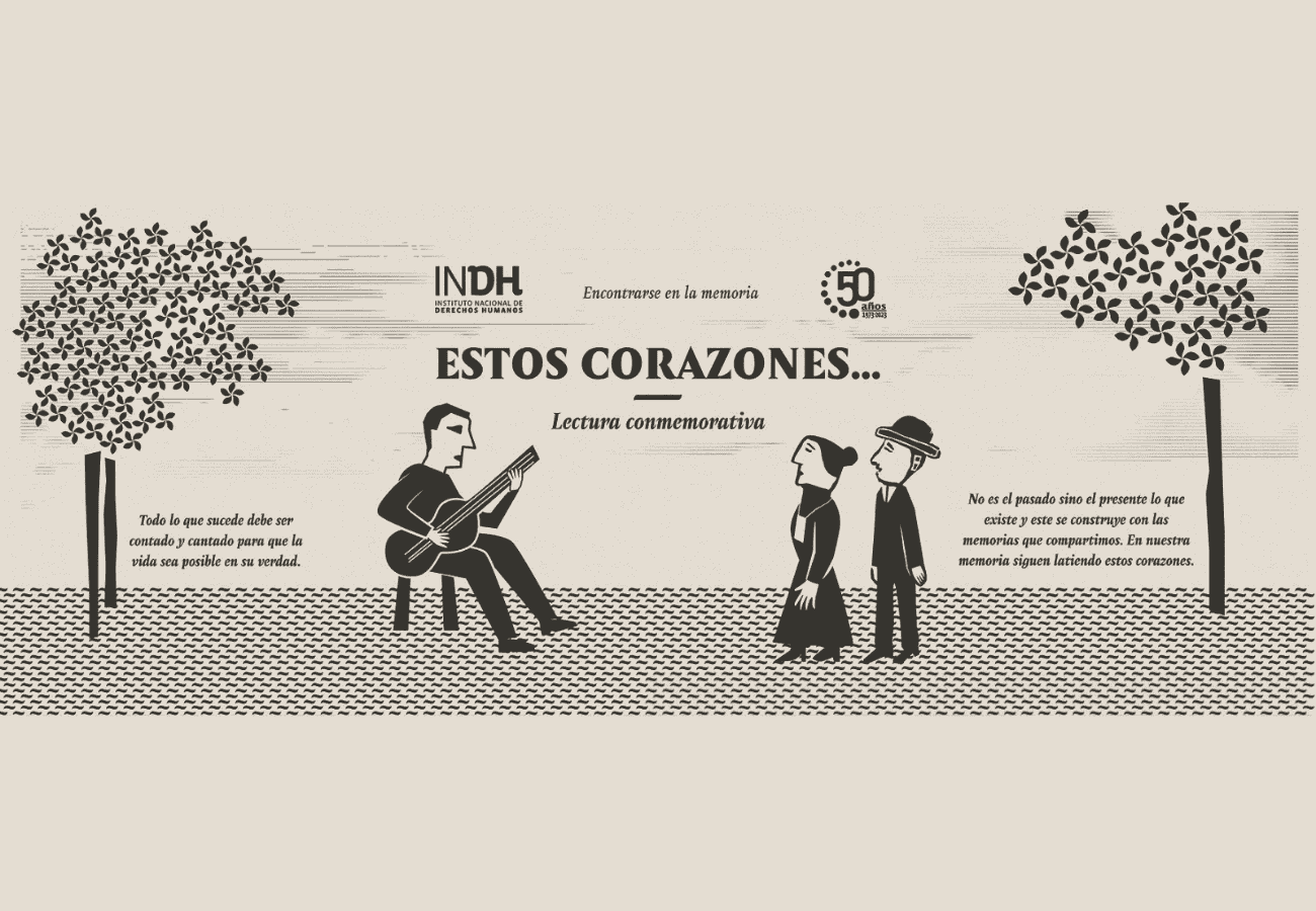 Gráfico con una ilustración de personas junto a un texto sobre una lectura conmemorativa titulada "Estos Corazones". El fondo tiene patrones de hojas y árboles, y se mencionan el Instituto Nacional de Derechos Humanos y el 50 aniversario de 1973.