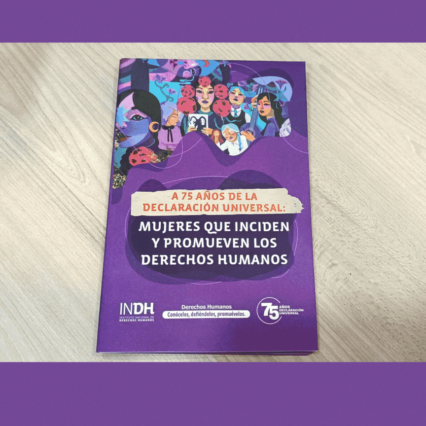 Folleto conmemorativo del 75 aniversario de la Declaración Universal de los Derechos Humanos, titulado "Mujeres que inciden y promueven los derechos humanos", con ilustraciones en la portada.