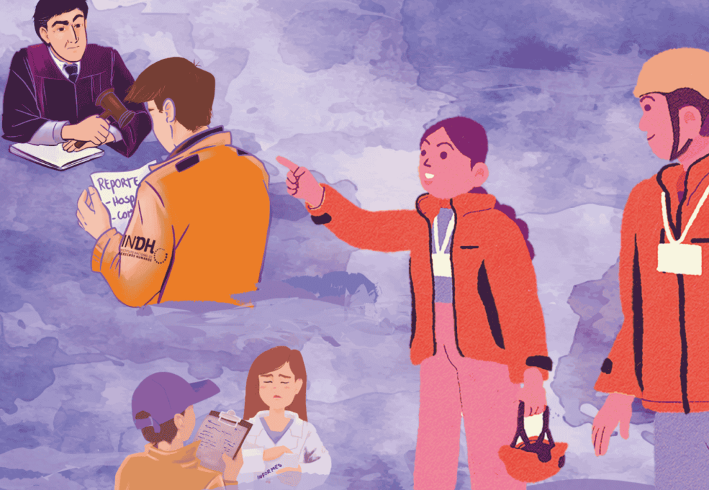 Ilustración de varias personas en diferentes situaciones laborales, incluyendo un juez, alguien con un casco y otra persona sosteniendo informes.