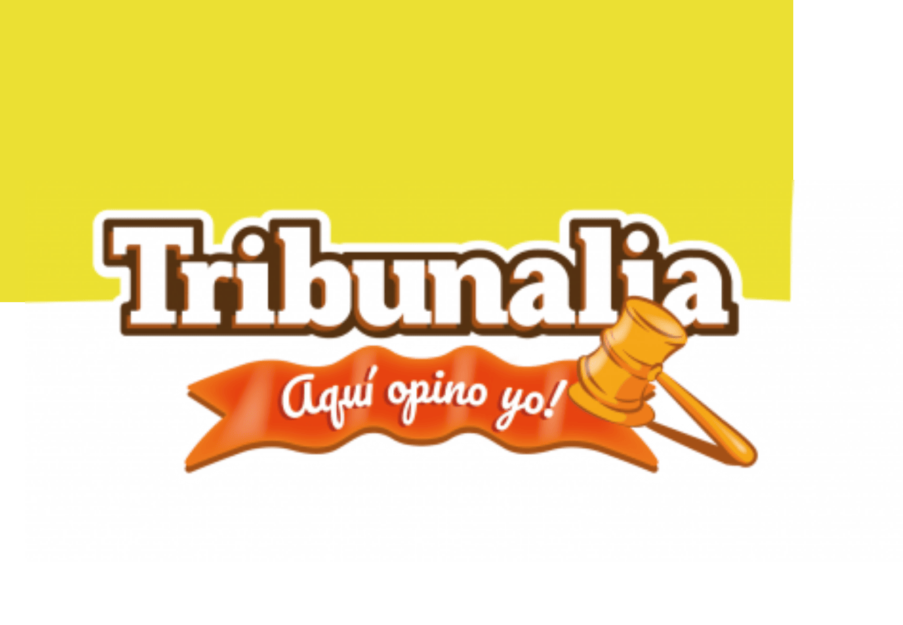 Logotipo de Tribunalía con un mazo y el texto "Aquí opino yo" sobre un fondo amarillo.